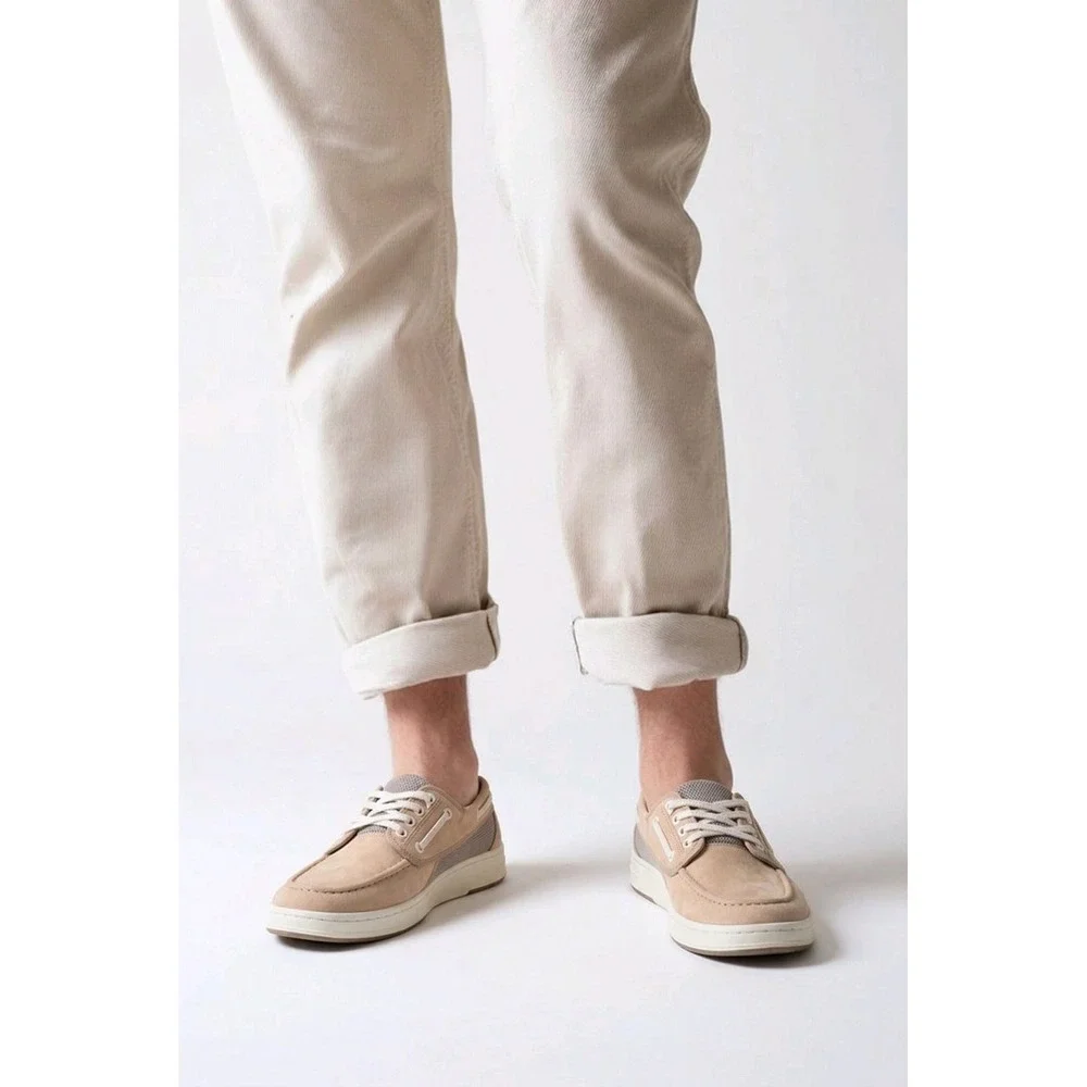 Sperry Top-Sider 2-Eye Men's Boat Shoes Beige Leather Mesh Cream Sole Size 11.5